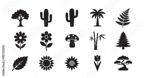 Black Flat Vector Plants and Nature Grid Composition with 15 Silhouettes in 5x3 Layout, Logo-Ready Design