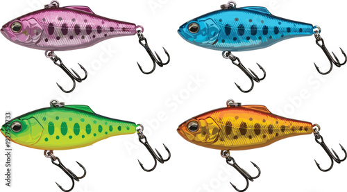 Colorful Fishing Lure Collection with Treble Hooks Realistic Bait Design for Freshwater and Saltwater Angling Vector Illustration