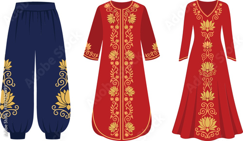Traditional Embroidered Clothing Set with Ornamental Floral Pattern Dress Tunic and Pants Ethnic Fashion Vector Illustration Collection