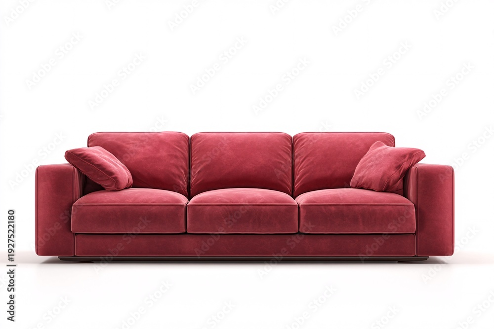 Fototapeta premium Modern Red Velvet Sofa with Cushions, Contemporary Living Room Furniture