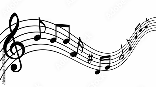 Black musical notes and treble clef on wavy pentagram staff over white background, concept for music education, artistic song composition and sound design branding