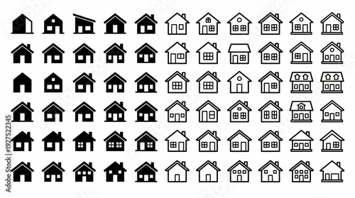 Large collection of various house icons in solid silhouette and thin line stroke outline styles isolated on white, concept for real estate app, property website and home navigation interface
