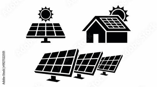 Silhouette set of solar panel icons with house and sun elements on white background, concept for renewable energy infographics, sustainable house development and environmental conservation