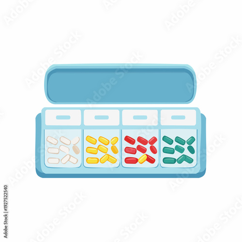 Medical pill box with various colorful medications in vector illustration, a health icon for doctor or nurse, isolated on a business background