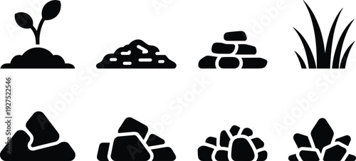 Nature element silhouette vector illustration, plant sprout artwork, soil pile icon, stone and rock design, crystal mineral graphic, environmental concept