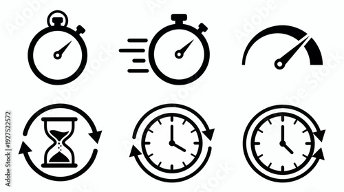 Black minimalist time management icons set with stopwatch speedometer hourglass and clock on white background, concept for project scheduling, business productivity and deadline management