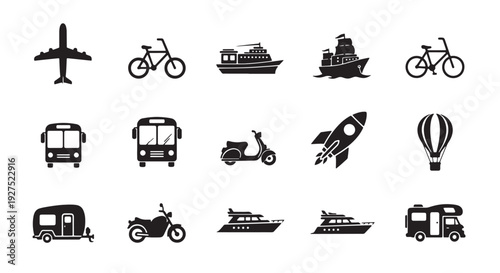 Black Flat Vector Travel Transport Icons Grid Composition with 15 Silhouettes in 5x3 Layout
