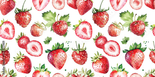 watercolor strawberries berry Seamless pattern on white background red berries with leaves for fabric design, rustic kitchen textiles, packaging and botanical print projects