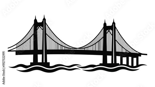A black silhouette of a suspension bridge over water isolated on white background, Vector