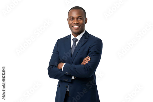 Portrait of a smiling African businessman in suit, professional headshot, isolated on transparent background, PNG