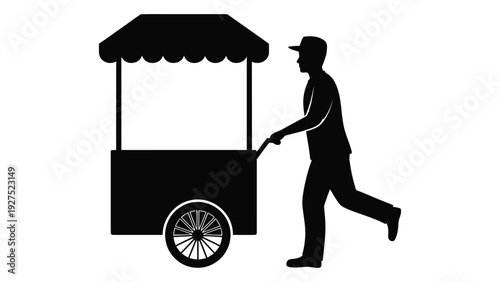 A man pushing a food cart with a canopy isolated on white background, Vector