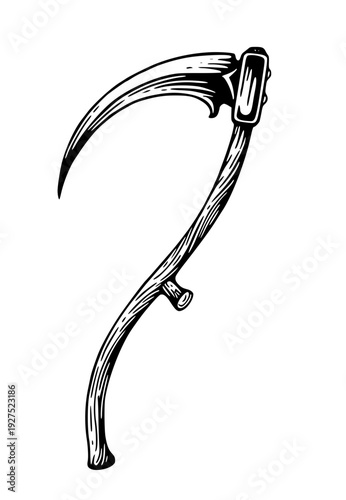 Vintage scythe with wooden handle and curved blade