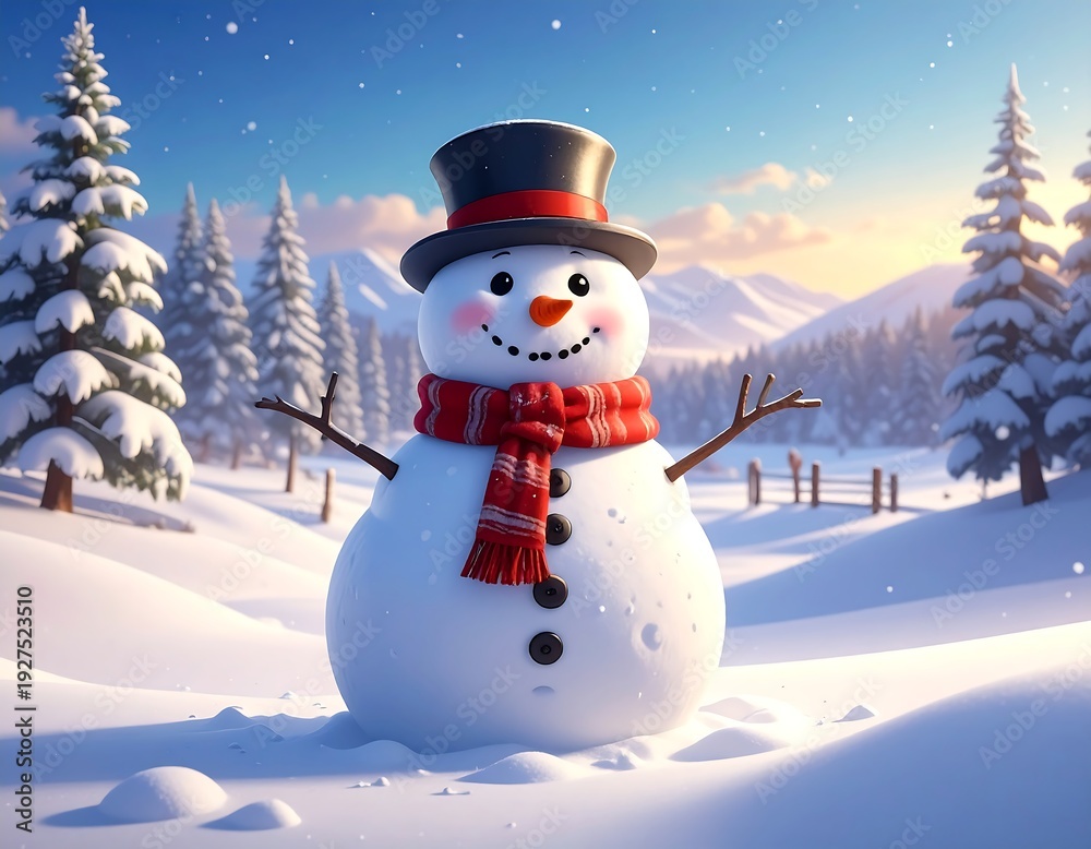 Obraz premium A cheerful snowman in a snowy forest with trees and mountains