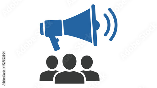A blue megaphone is addressing three black people isolated on white background, Vector