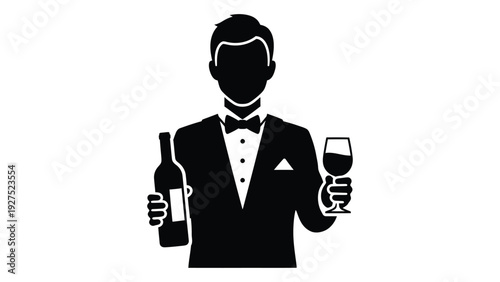 A man in a tuxedo holding a wine bottle and glass isolated on white background, Vector
