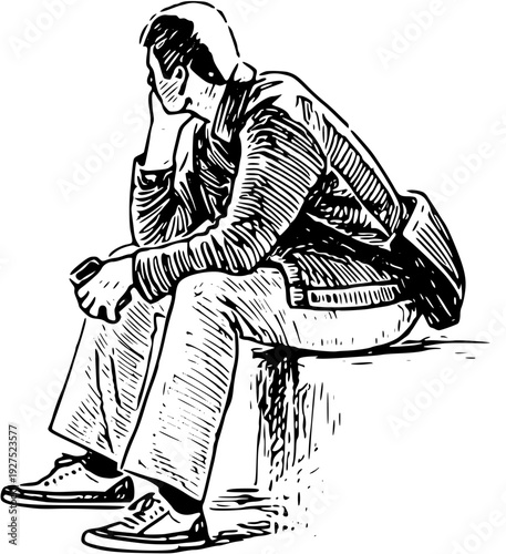 Man sitting alone on bench looking sad and contemplative