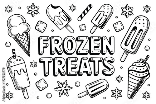 Frozen treats illustration with ice cream cones and popsicles