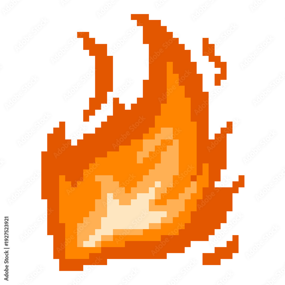 Fototapeta premium Leaning orange fire flame pixel art icon for motion energy graphic