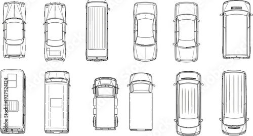 Car top view vehicle outline icon set including sedan suv van truck transport automobile blueprint collection