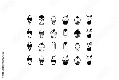 Ice cream icon set with various sweet treats and desserts