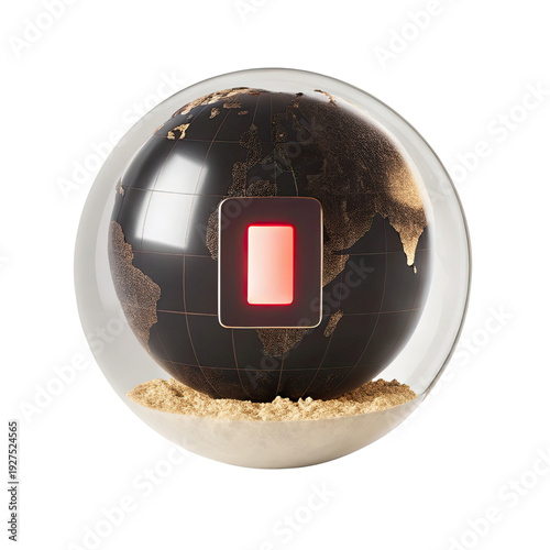 Globe encased in transparent sphere with red switch symbolizes global energy control and environmental awareness. sand base adds earthy element, enhancing concept of sustainability