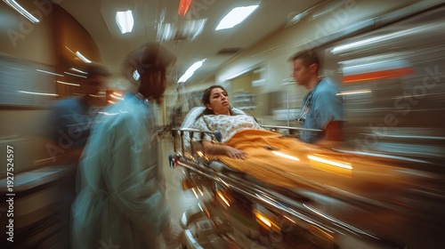 Emergency Medical Staff Rushing Critical Patient on Stretcher Through Hospital