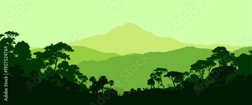 Fresh green mountain and tropical forest landscape with layered hills and tree silhouettes, clean vector illustration ideal for eco branding, environmental themes, and nature backgrounds
