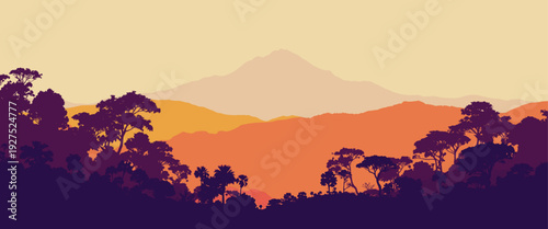 Warm sunset mountain and tropical forest landscape with layered hills and tree silhouettes in orange and purple tones, vector illustration ideal for travel, adventure, and nature themed designs