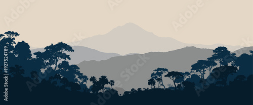 Neutral tone mountain and forest landscape with layered hills and tree silhouettes, clean vector illustration ideal for nature backgrounds, branding, posters, and environmental design projects
