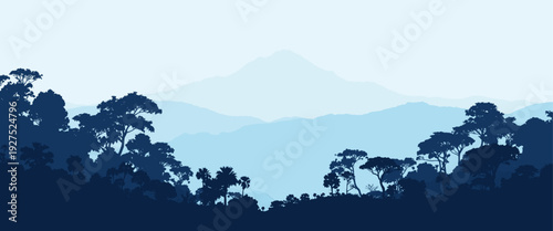 Blue toned mountain and tropical forest landscape with layered silhouettes and misty hills, detailed vector illustration ideal for nature backgrounds, travel designs, and environmental themes