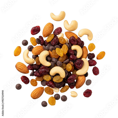 Pile of mixed nuts dried fruit and chocolate chips on black background graphic design