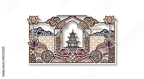 Vibrant Asian temple design with lotus flowers and clouds