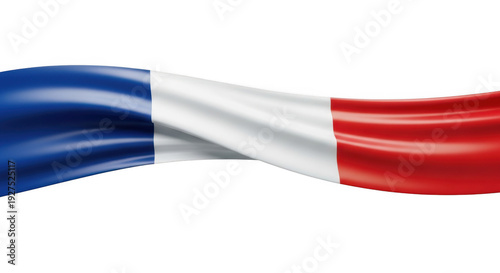 A close-up of a waving french flag with tricolor ribbon isolated on transparent background