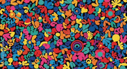 Abstract colorful seamless pattern design with bright hearts and floral ornaments creates a fun birthday wallpaper texture featuring green and yellow vector shapes with confetti and candy art