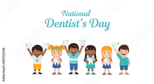 Illustration of diverse children celebrating National Dentist's Day with raised hands in a colorful and joyful vector design for American Dentist Day and Dental Appreciation Day USA.