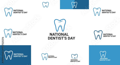 A collection of National Dentist's Day logos and icons in various shades of blue on a white background, celebrating Dentist Appreciation Day in the USA.