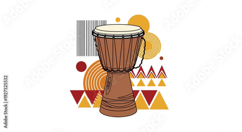 Vibrant djembe drum surrounded by dynamic geometric shapes and patterns