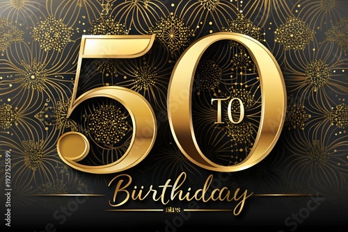 Elegant fiftieth birthday celebration graphic with gold number fifty on black floral pattern