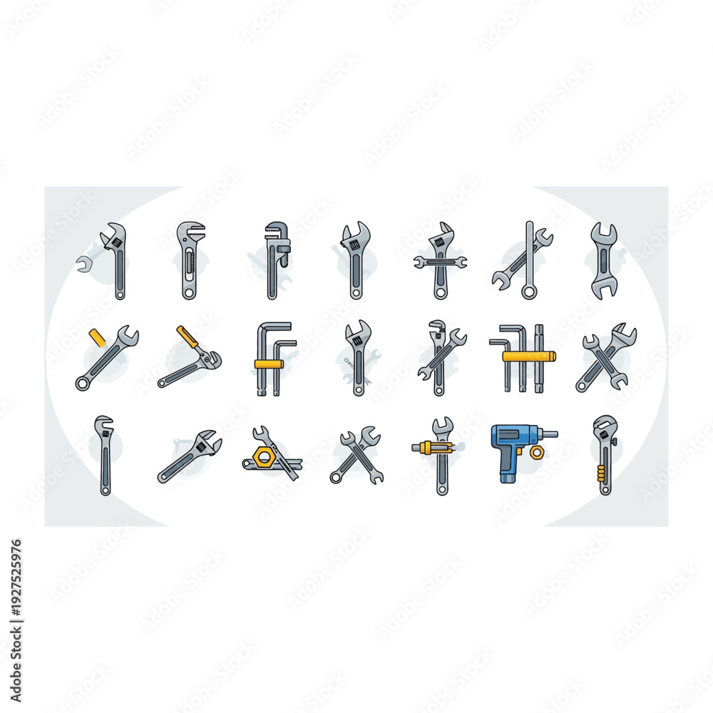 Obraz premium Industrial Tool Icons: Wrenches, Drills, and Measuring Tools