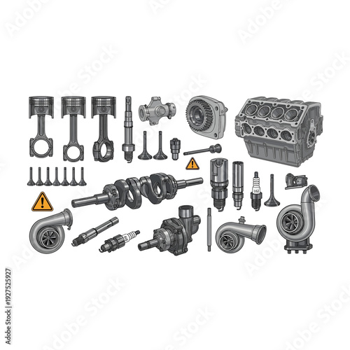 Automotive Engine Parts Collection in Detailed Illustration