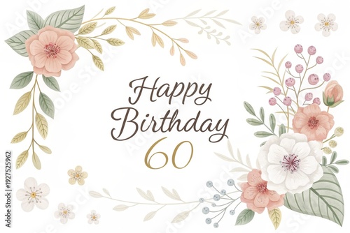Happy birthday 60 with elegant floral design and decorative flowers