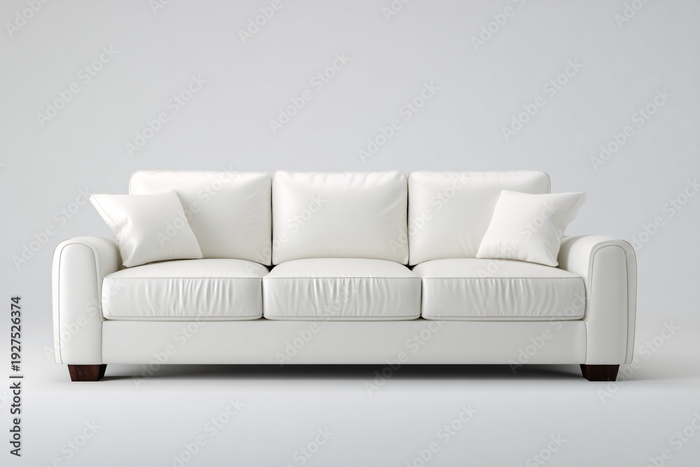 Fototapeta premium Modern White Leather Sofa with Cushions, Minimalist Living Room Furniture Design