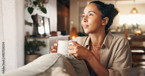 Cuadro en lienzo Coffee, relax and thinking with woman on sofa in living room of home for break, chilling or me time