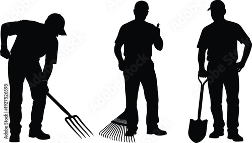 Silhouettes of gardeners with shovel, rake, pitchfork, outdoor work, black figures, white background, landscaping tools