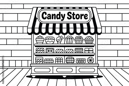 A candy store illustration with various sweet treats on display outside