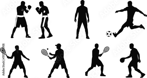 PrintSilhouettes of athletes in action, boxing, soccer, tennis, basketball, black figures, white background, sports energy