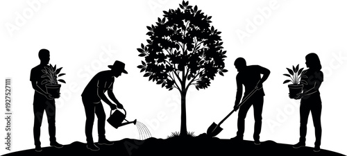 Community volunteers planting tree together silhouette illustration showing gardening teamwork, environmental conservation, sustainability, green living and nature care concept 