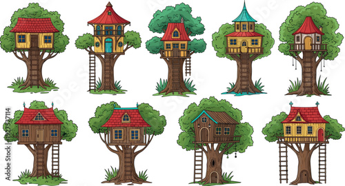 Colorful treehouse illustration set featuring whimsical wooden houses in trees, fantasy architecture for children, fairy tale design, nature living, adventure and creative imagination concept