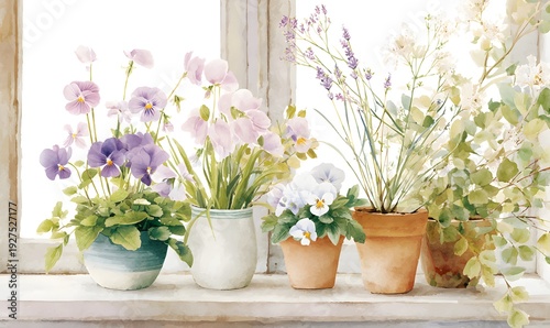 Wallpaper Mural Clipart featuring spring flowers windowsill watercolor clipart, delicate pansies, lavender, violets, and white blossoms in ceramic and terracotta pots Torontodigital.ca