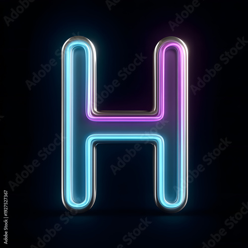 A glowing, neon letter H on a black backdrop, with a sleek, modern design. The letter features a combination of blue and purple light